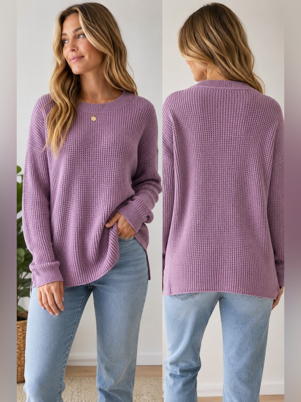 Kersh Women’s XL Merino Wool Blend Waffle Knit Sweater Lavender Purple Crew Neck
